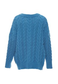 Jersey de punto trenzado en azul brillante, con cuello redondo, hombros caídos y dobladillo acanalado. Fabricado con material suave y texturizado.