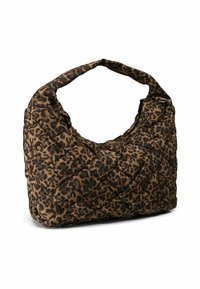 Borsa a spalla in tessuto trapuntato con stampa leopardata in marrone e nero, caratterizzata da un manico curvo e una texture morbida, con chiusura a zip laterale.