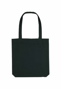 Borsa a mano in tessuto nero con due manici lunghi, angoli inferiori quadrati e design semplice e privo di decorazioni.