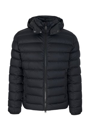 Giubbotto puffa nero con cappuccio, caratterizzato da sezioni trapuntate orizzontali, zip frontale e tasche laterali. Realizzato in un materiale leggero e liscio.
