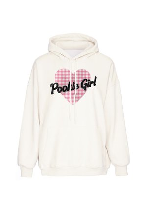 Hvid hættetrøje med lyserødt ternet hjerte og sort tekst "Pookie Girl" foran, med snore og en forlomme.