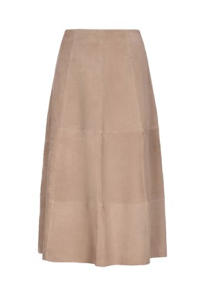 Fustă midi din suede taupe deschis, cu un design evazat, cusături precise și o textură netedă. Prezintă o siluetă simplă în formă de A.