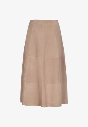 Midi-hame vaalean taupen keinonahasta, liehuva muoto, jossa on siistit saumat ja sileä rakenne. Ominaisuutena yksinkertainen A-linjainen siluetti.