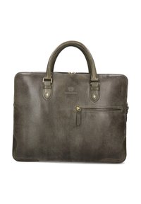 Dark green leather briefcase with a textured finish, dual top handles, zip closure, and a front pocket with a zip detail.