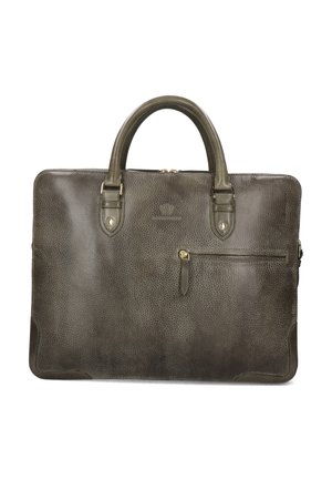 Dark green leather briefcase with a textured finish, dual top handles, zip closure, and a front pocket with a zip detail.
