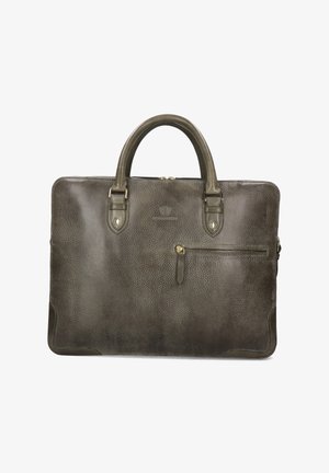 Mørkegrøn lædermappe med en struktureret overflade, dobbelte top håndtag, lynlåslukning og en forlomma med lynlåsdetalje.