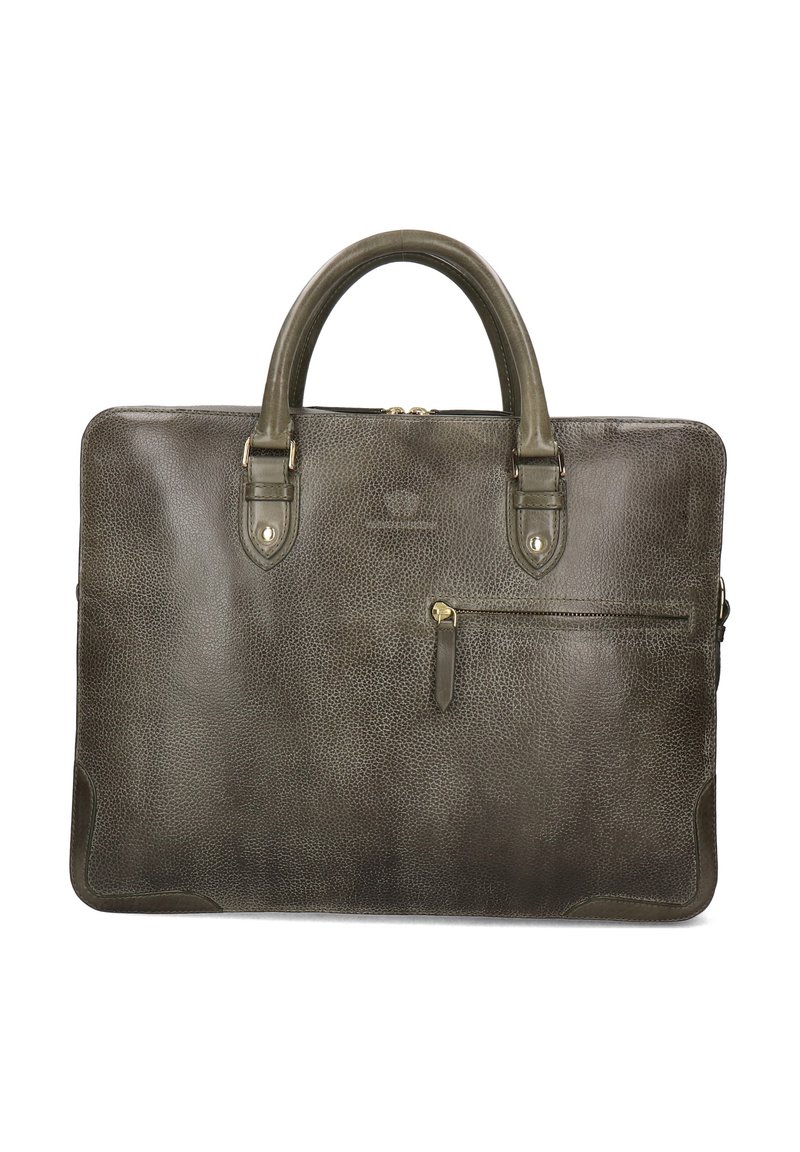 Dark green leather briefcase with a textured finish, dual top handles, zip closure, and a front pocket with a zip detail.