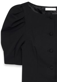 Abito nero con maniche a sbuffo e scollatura rotonda, chiusura frontale con sei bottoni e texture liscia. Presenta dettagli arricciati sulle maniche.