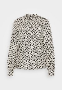Black and cream long-sleeve blouse featuring a geometric pattern, high neckline, and gathered cuffs. Smooth fabric with a structured design.