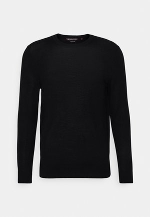 Crni pulover s okruglim izrezom napravljen od glatkog materijala, s dugim rukavima i uskim siluetom. Bez vidljivih uzoraka ili detalja od hardvera.