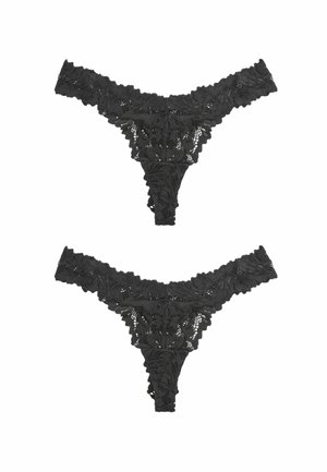 Schwarzer Damen-Tanga aus Spitze mit Blumenmuster, vorne und hinten auf weißem Hintergrund gezeigt.