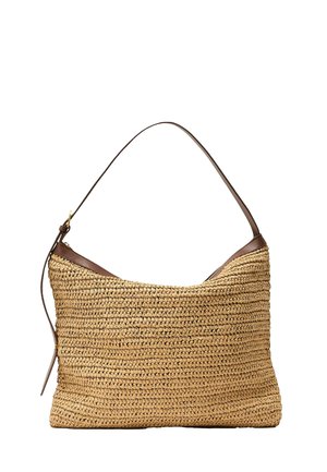 Kootud heina õlakott pruunide nahast äärte ja reguleeritava rihmaga, ristkülikukujuline ja tekstuurse mustriga.