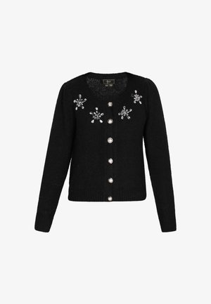Cardigan negru tricotat cu decolteu în formă de cerc, ornamentat cu embellishments în formă de flori din cristale, având șase nasturi argintii pe față.