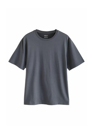 Sivá tričko vyrobené z bavlny, s okrúhlym výstrihom a krátkymi rukávmi. Tkanina má hladkú textúru a voľný strih.