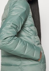 Giacca a vento verde con design a trapunta, materiale leggero, tasca con zip e silhouette aderente. Texture liscia e lucida.