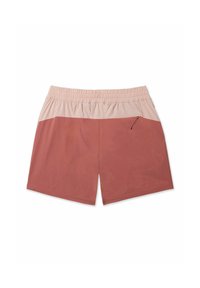 Rode en lichtroze zwembroek met een elastische tailleband, een gladde textuur, een klein ritszakje aan de zijkant en een kleurblokontwerp.