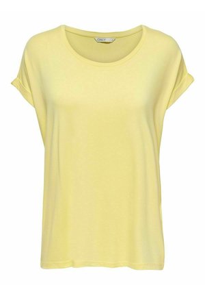T-shirt jaune en tissu doux, avec des manches courtes, un col rond et une coupe décontractée. Pas de motifs ou d'accents marquants.