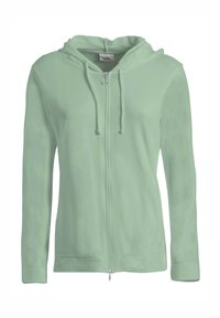 Sudadera con cremallera en verde claro, fabricada en un tejido suave, con capucha ajustable, mangas largas y una textura simple y lisa.