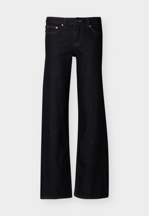 Μαύρα τζιν παντελόνια με φαρδιά μπατζάκια, εμπρόσθιες τσέπες, κλείσιμο με κουμπί και εμφανή ραφές, εμφανίζονται πάνω σε απλό λευκό φόντο.