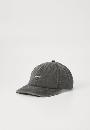 Black denim cap with a curved brim, featuring "OBEY" embroidered in white. Classic six-panel design, with top button and ventilation holes.