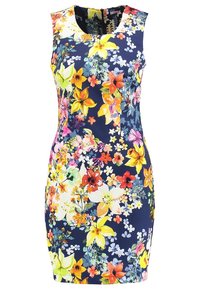 Blommig klänning med en marin bakgrund och en livlig blandning av gula, orange, röda och vita blommor. Ärmlös design, kroppsnära passform.