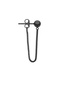 Boucle d'oreille en forme de sécurité noire avec une perle ronde, attachée à une courte chaîne de segments métalliques liés, présentant une surface lisse et élégante.