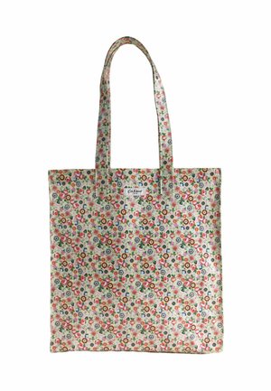 Borsa a mano rettangolare con manici lunghi, ricoperta da un motivo floreale fitto con piccoli fiori multicolori su sfondo chiaro.