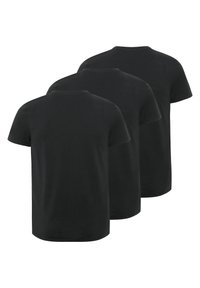 Black cotton t-shirts, short sleeves, crew neck design, smooth texture. Three t-shirts stacked, showing back view and slight contour.