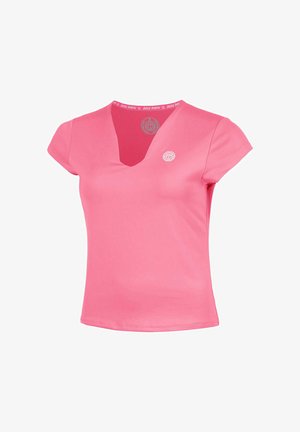 T-shirt de sport pour femme à manches courtes rose avec un petit logo blanc sur la poitrine et un marquage imprimé à l'intérieur du col.