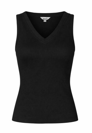 Zwarte geribbelde mouwloze tanktop met V-hals, aansluitende pasvorm en klein wit merklabje bij de halslijn, maat small.