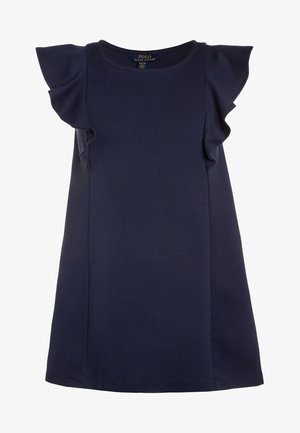 Námořnické modré šaty s krátkými volánovými rukávy, vyrobené z měkké látky. Mají jednoduchý design a kulatý výstřih.