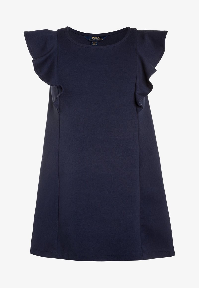 Granatowa sukienka z krótkimi falbaniastymi rękawami, wykonana z miękkiego materiału. Charakteryzuje się prostym wzornictwem i okrągłym dekoltem.