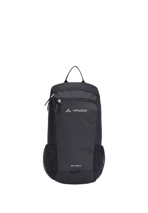 Sac à dos noir Vaude Big Town 15 avec poche zippée à l'avant, deux poches latérales en mesh et poignée supérieure, conçu pour un usage quotidien.