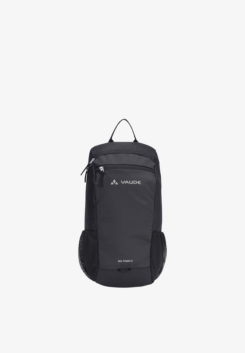 Zwarte Vaude Big Town 15 rugzak met een voorvak met ritssluiting, twee zijvakken van mesh en een bovenhandvat, ontworpen voor dagelijks gebruik.
