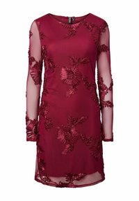 Burgundské šaty s dlouhými průsvitnými rukávy, zdobené složitou květinovou výšivkou a kulatým výstřihem. Hladká tkanina s texturovaným překryvem.
