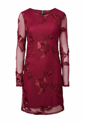 Bordowa sukienka z długimi, przezroczystymi rękawami ozdobiona misternym haftem kwiatowym i okrągłym dekoltem. Gładka tkanina z teksturowaną nakładką.