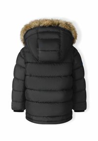 Black puffer jacket with a fur-trimmed hood, featuring horizontal quilted sections, elastic cuffs, and a full back without pockets.
