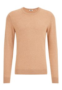 Ljus orange stickad tröja med rund hals, långa ärmar och ribbade muddar och fåll. Mjuk textur med ett subtilt melerat mönster.