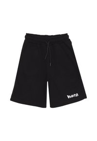 Pantaloni shorts neri in cotone con vita elastica e cordino. Presentano tasche laterali e testo bianco "Disclaimer" sul lato sinistro in basso.