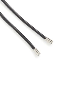 Black leather cable cords with smooth texture and shiny metallic end caps. Each cord features a distinct, streamlined design.