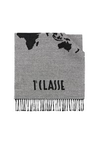 Coperta in tessuto grigio con design della mappa del mondo nera, con bordi frangiati e la scritta "1ª CLASSE" in caratteri in grassetto.