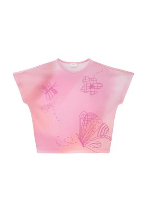 Roze cropped t-shirt met een gradient ontwerp, met vlinder- en bloemomtrekken in een lichter roze. Korte mouwen en een ronde halslijn.