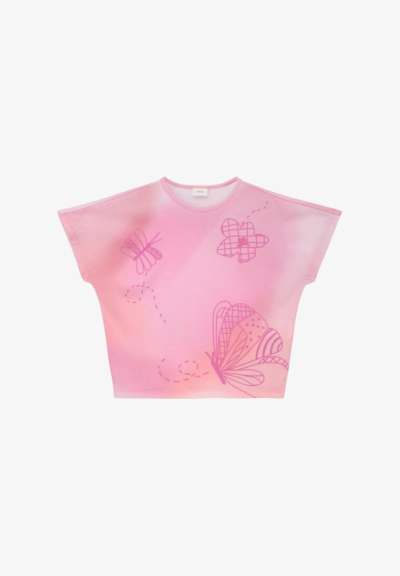 Roze cropped t-shirt met een gradient ontwerp, met vlinder- en bloemomtrekken in een lichter roze. Korte mouwen en een ronde halslijn.
