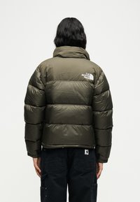 Άτομο με μακριά σκουρόχρωμα μαλλιά που φοράει ένα φουσκωτό μπουφάν ελιάς με το λογότυπο The North Face ορατό στο πάνω μέρος της πλάτης.