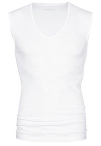 Biały bezrękawnik w serek wykonany z bawełny. Gładka faktura z dopasowanym krojem i minimalną ilością szwów. Klasyczny krój bez zdobień.