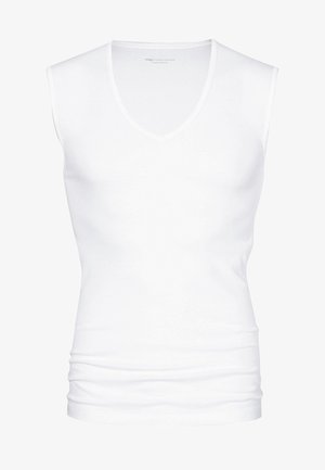 Hvid ærmeløs V-hals tanktop lavet af bomuld. Glat tekstur med tætsiddende design og minimale sømme. Klassisk snit uden forskønnelse.