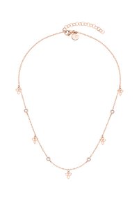 Halskette aus Roségold mit kreisförmigen und blütenförmigen Akzenten, besetzt mit klaren Steinen. Die Länge ist verstellbar und verfügt über einen Karabinerverschluss.