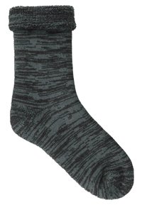 Dunkelgrünes und schwarzes Muster-Socke mit einer weichen, strukturierten Oberfläche und einem gerollten Bund oben.