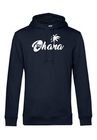 Felpa con cappuccio blu navy in misto cotone, con una grafica bianca "Ohana", una palma e un personaggio dei cartoni animati. Include un cordino regolabile.
