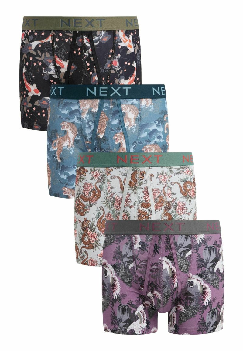 Boxer briefs in assorted colors: black with koi fish, blue with tigers, gray with dragons, and purple with cranes. All feature branded waistbands.